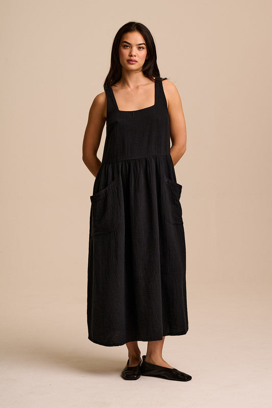 Florie - Cotton Midi Dress in Black