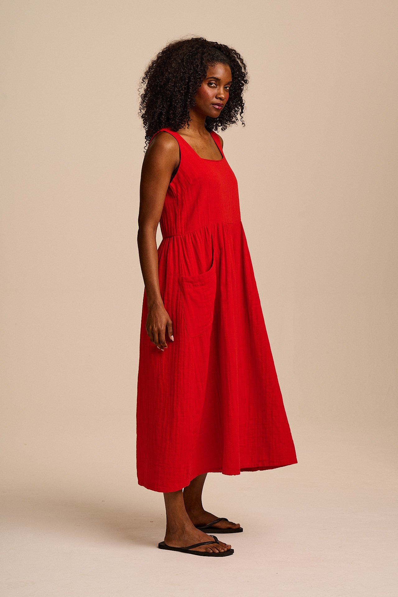 Florie - Cotton Midi Dress in Red