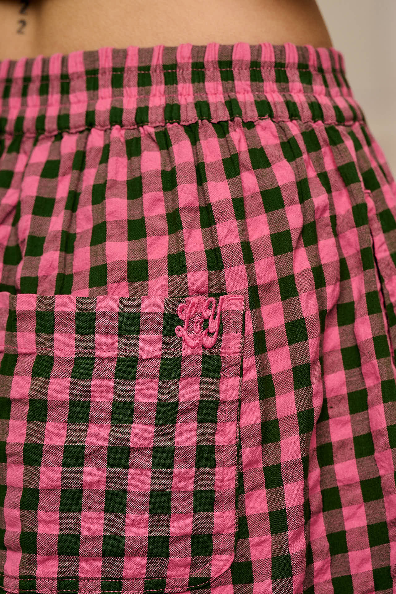 Freddie - Barrel Leg Cotton Trousers in Pink & Green Gingham