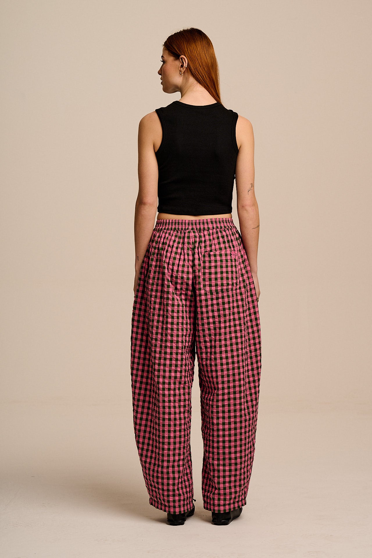 Freddie - Barrel Leg Cotton Trousers in Pink & Green Gingham