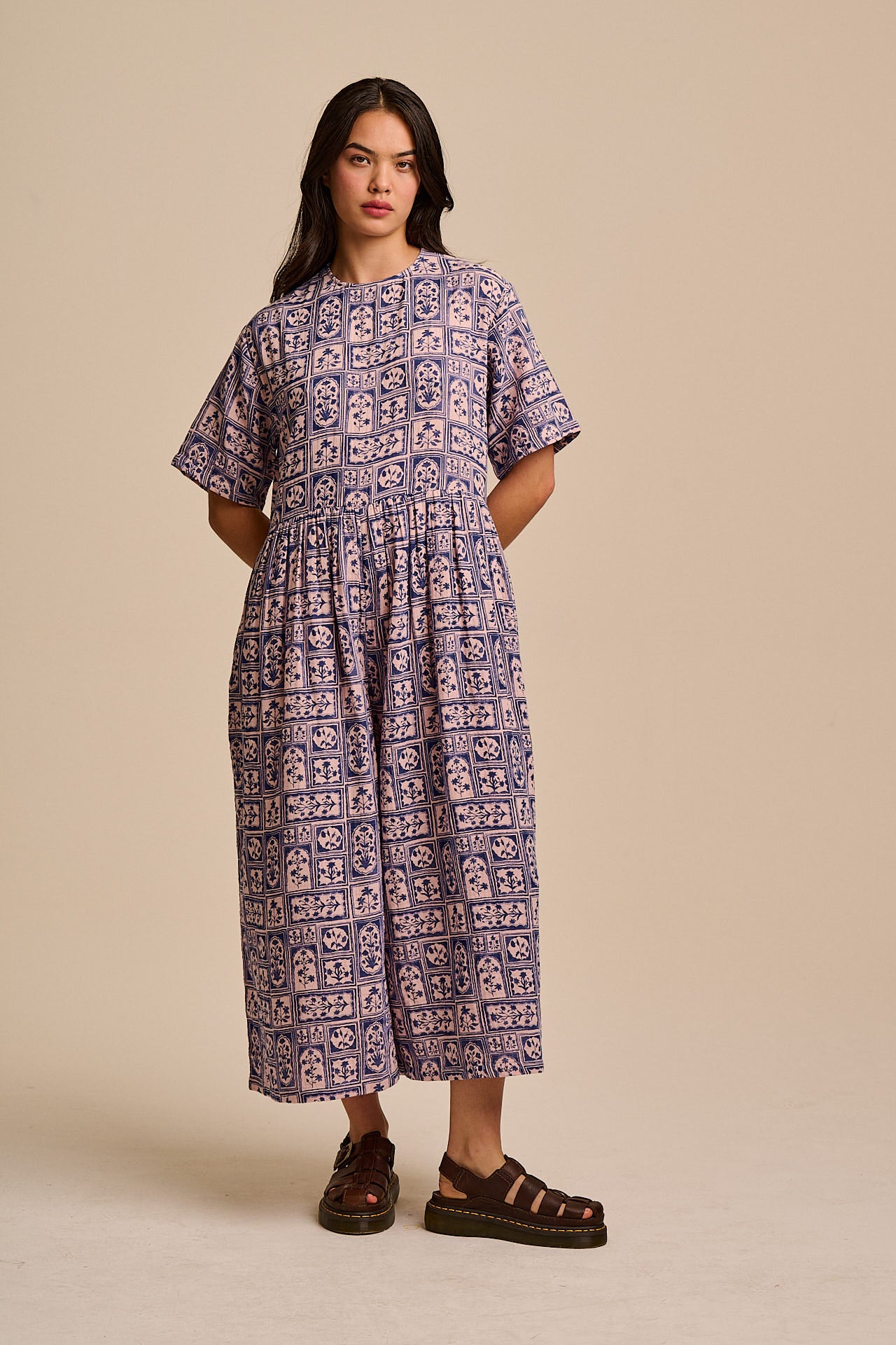 George - Cotton Jumpsuit in Blue & Pink Walled Blooms