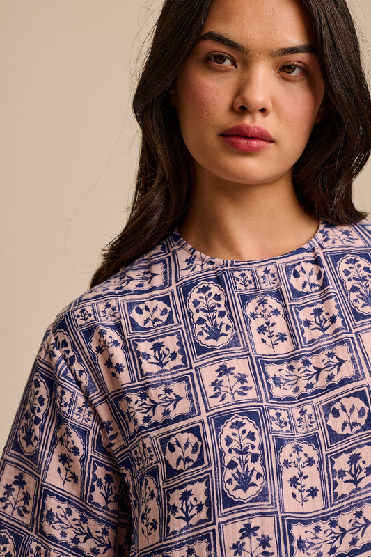 George - Cotton Jumpsuit in Blue & Pink Walled Blooms