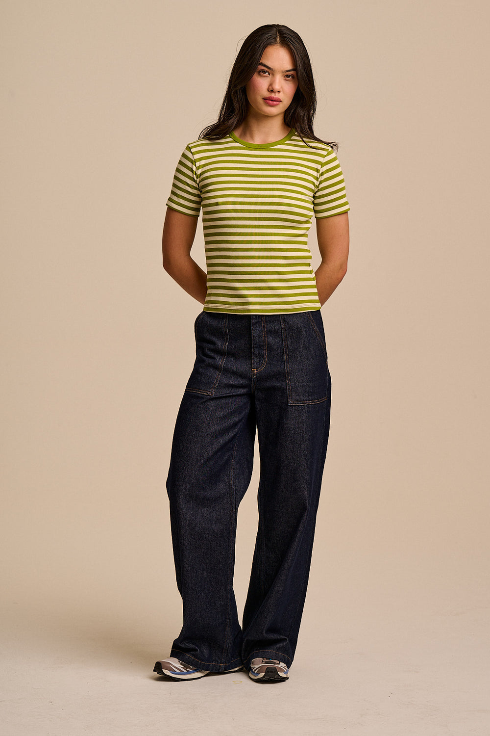 Gracie - Cotton T-Shirt in Green & Ecru Stripe
