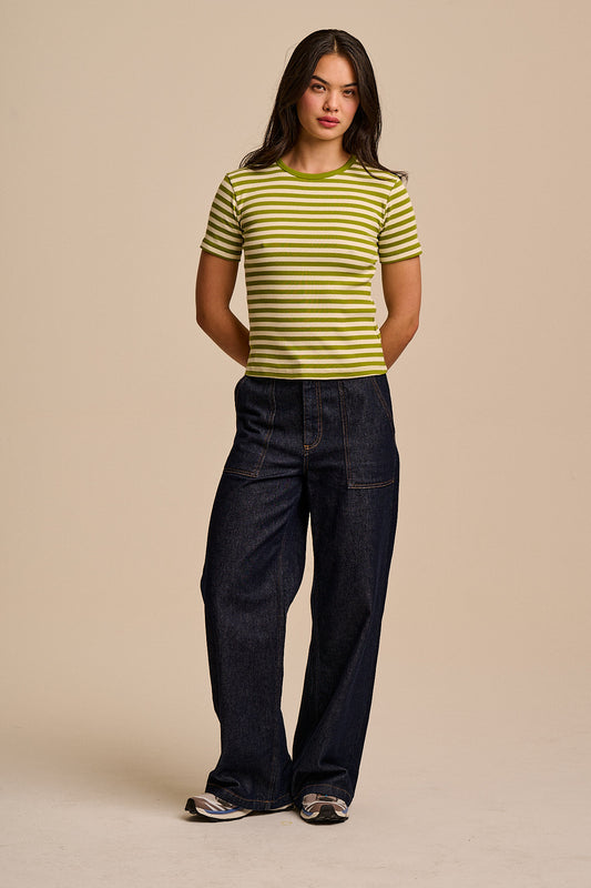 Gracie - Cotton T-Shirt in Green & Ecru Stripe