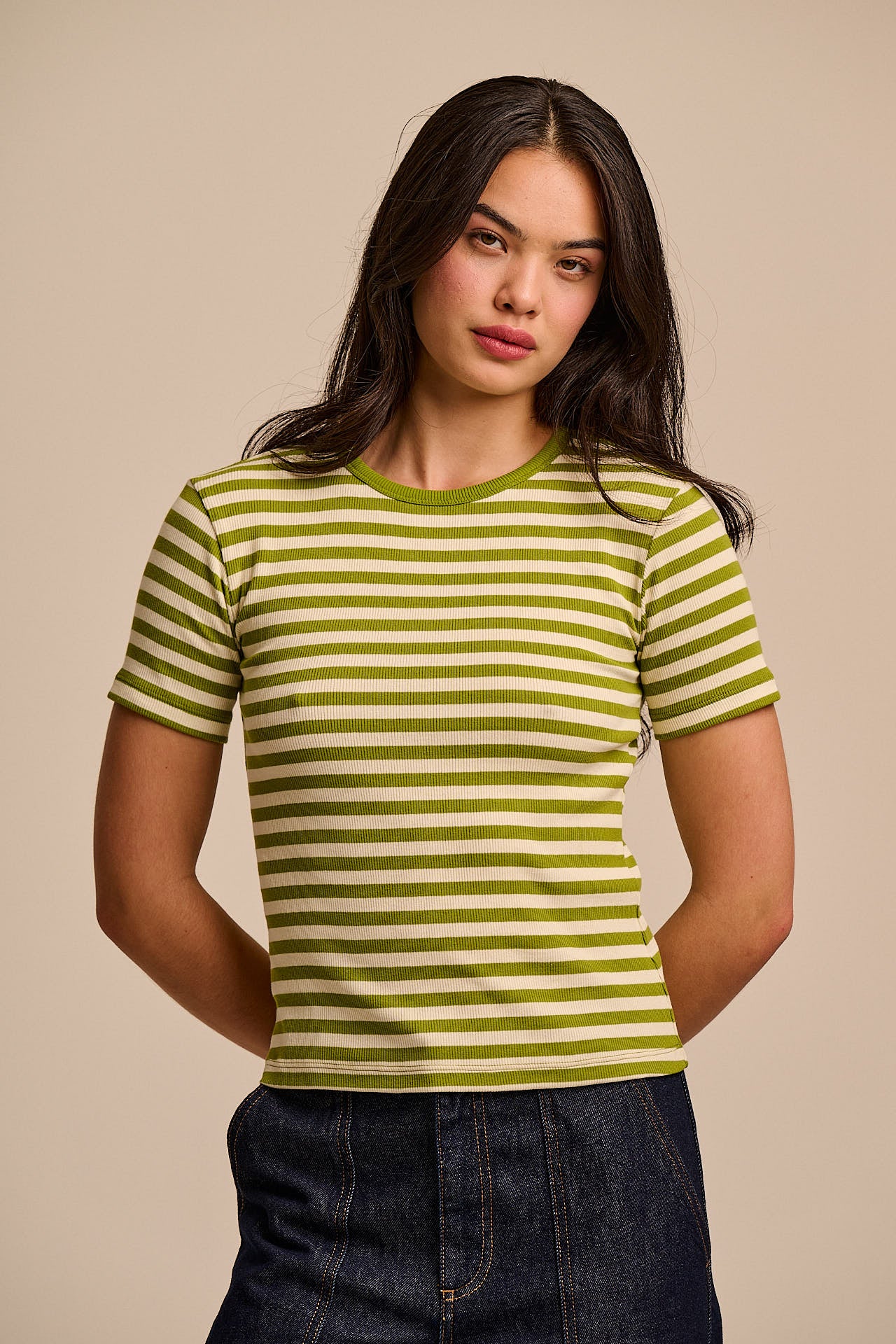 Gracie - Cotton T-Shirt in Green & Ecru Stripe