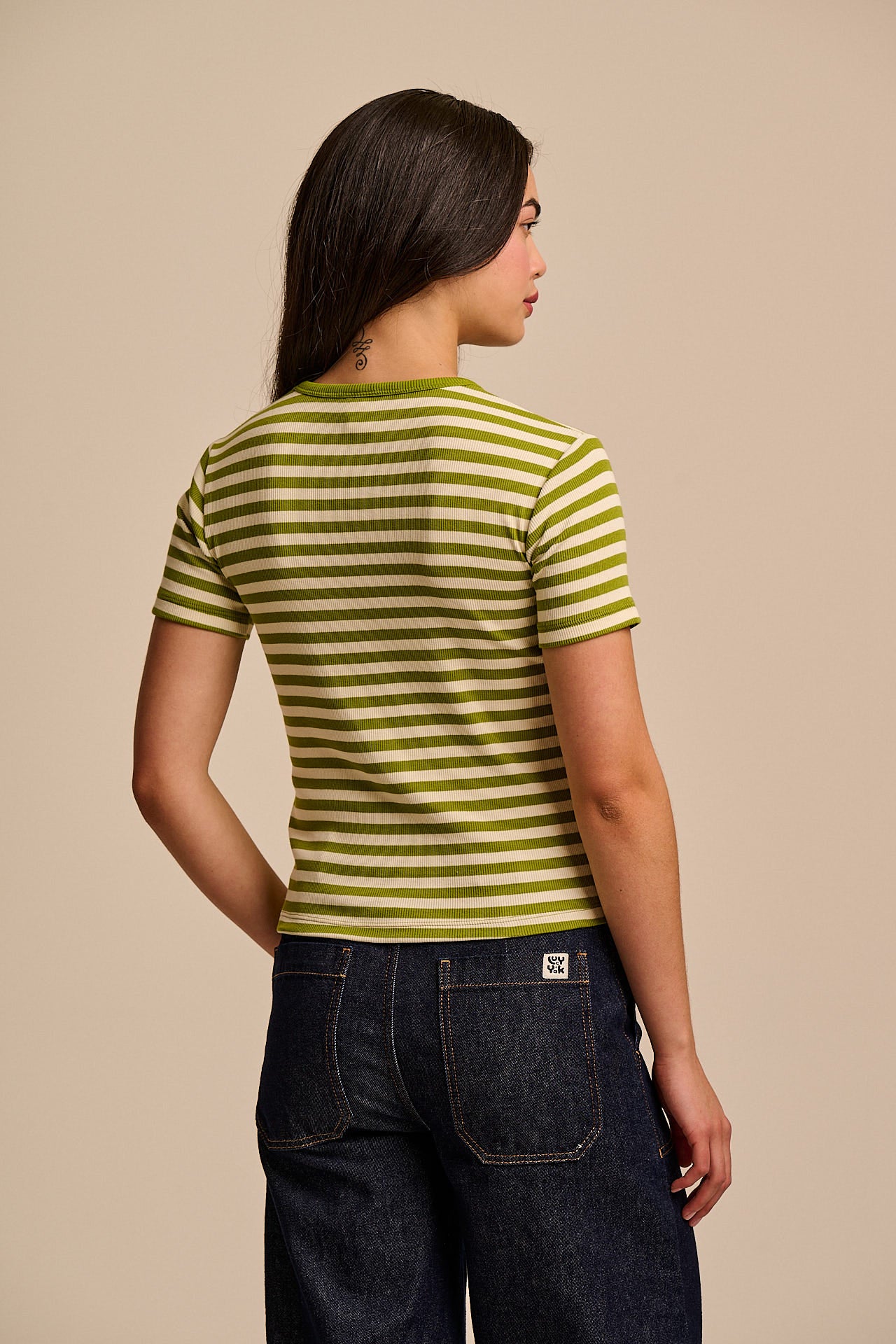 Gracie - Cotton T-Shirt in Green & Ecru Stripe