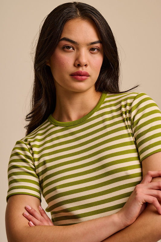 Gracie - Cotton T-Shirt in Green & Ecru Stripe