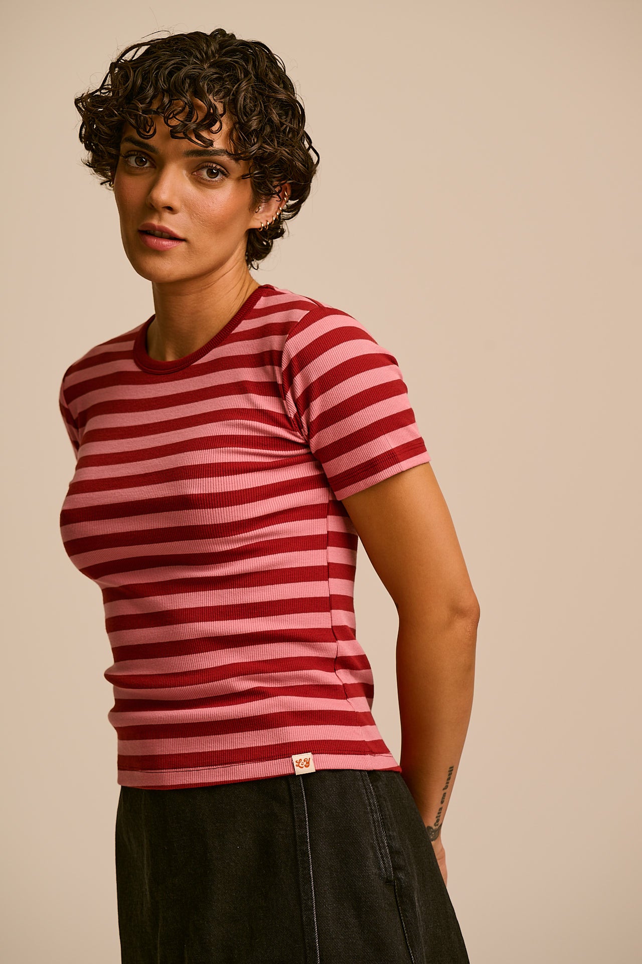 Gracie - Cotton T-Shirt in Pink & Maroon Stripe