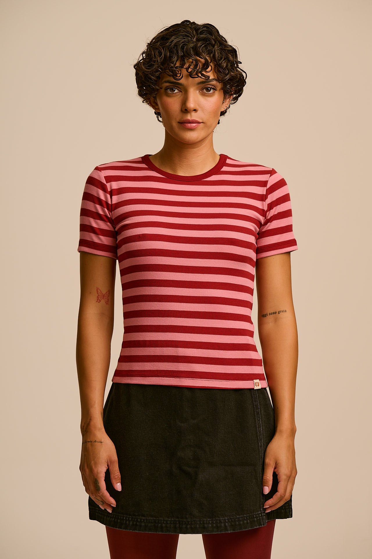 Gracie - Cotton T-Shirt in Pink & Maroon Stripe