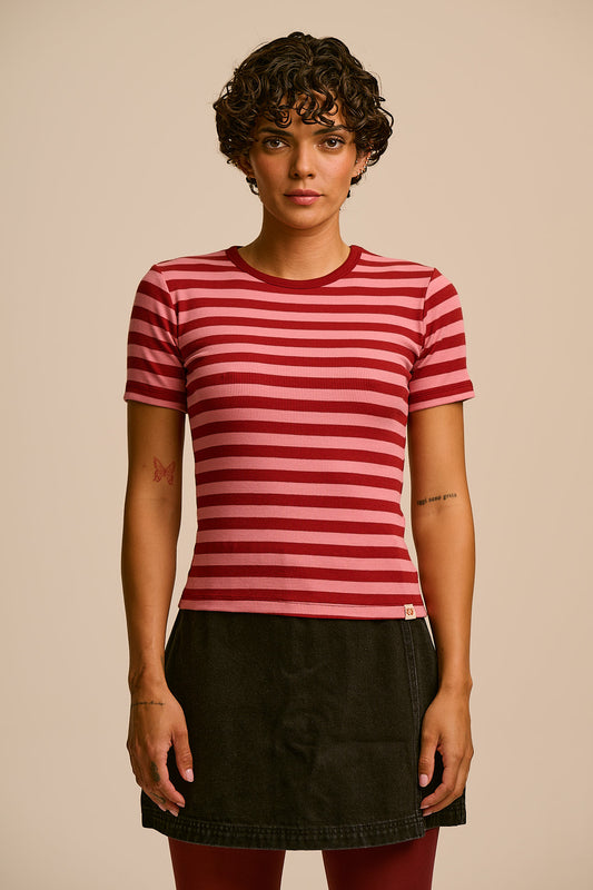 Gracie - Cotton T-Shirt in Pink & Maroon Stripe