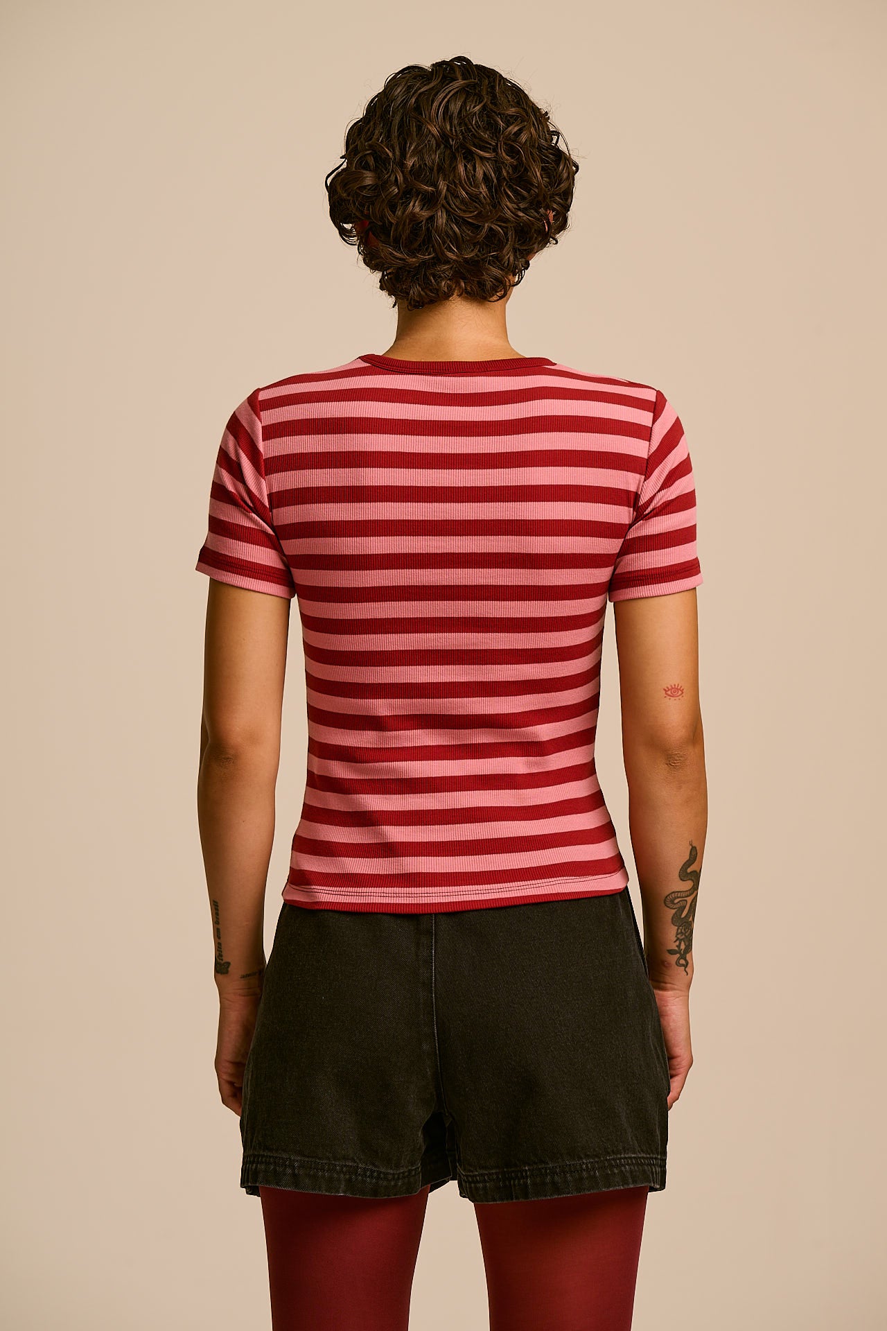 Gracie - Cotton T-Shirt in Pink & Maroon Stripe