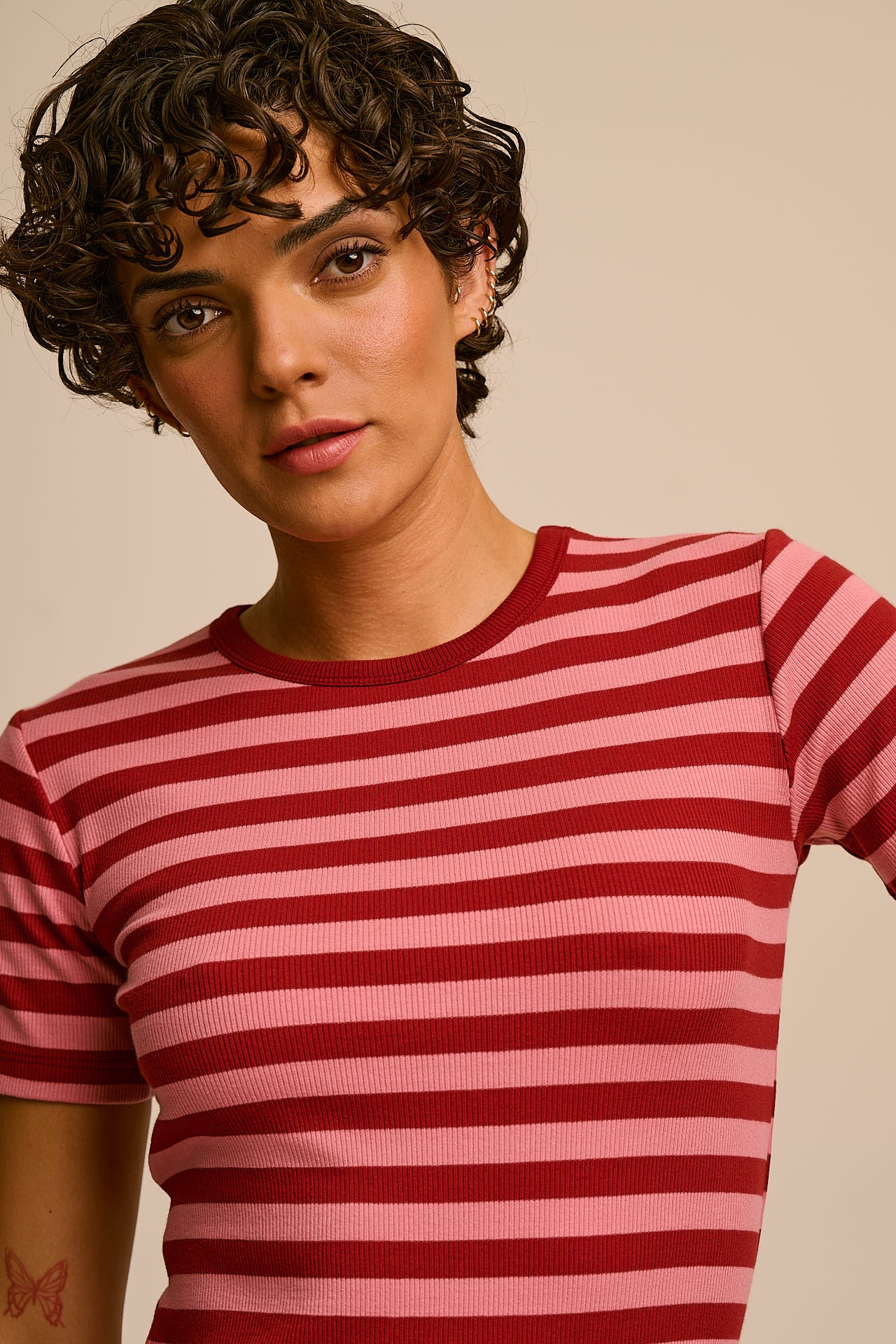 Gracie - Cotton T-Shirt in Pink & Maroon Stripe