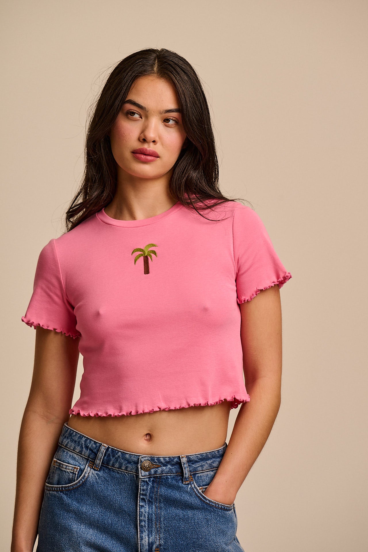 Greta - Cropped Cotton Top in Pink with Palm Embroidery