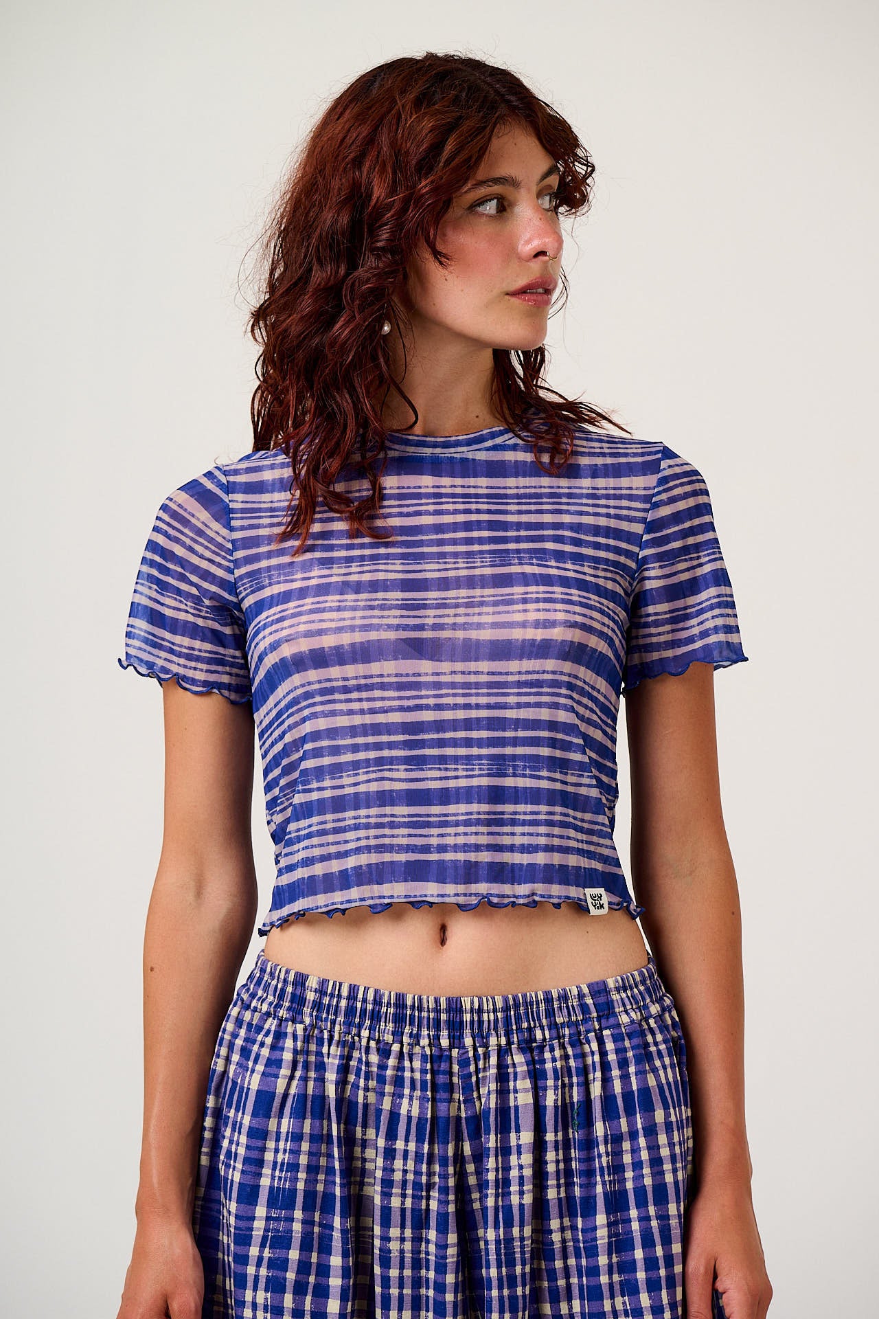Greta - Cropped Mesh Top in Crayon Print
