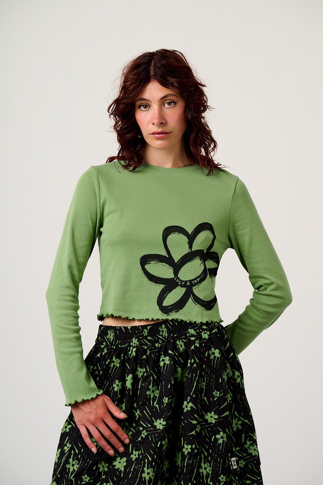 Hansel - Long Sleeve Cotton Crop Top in Green Scribble Floral