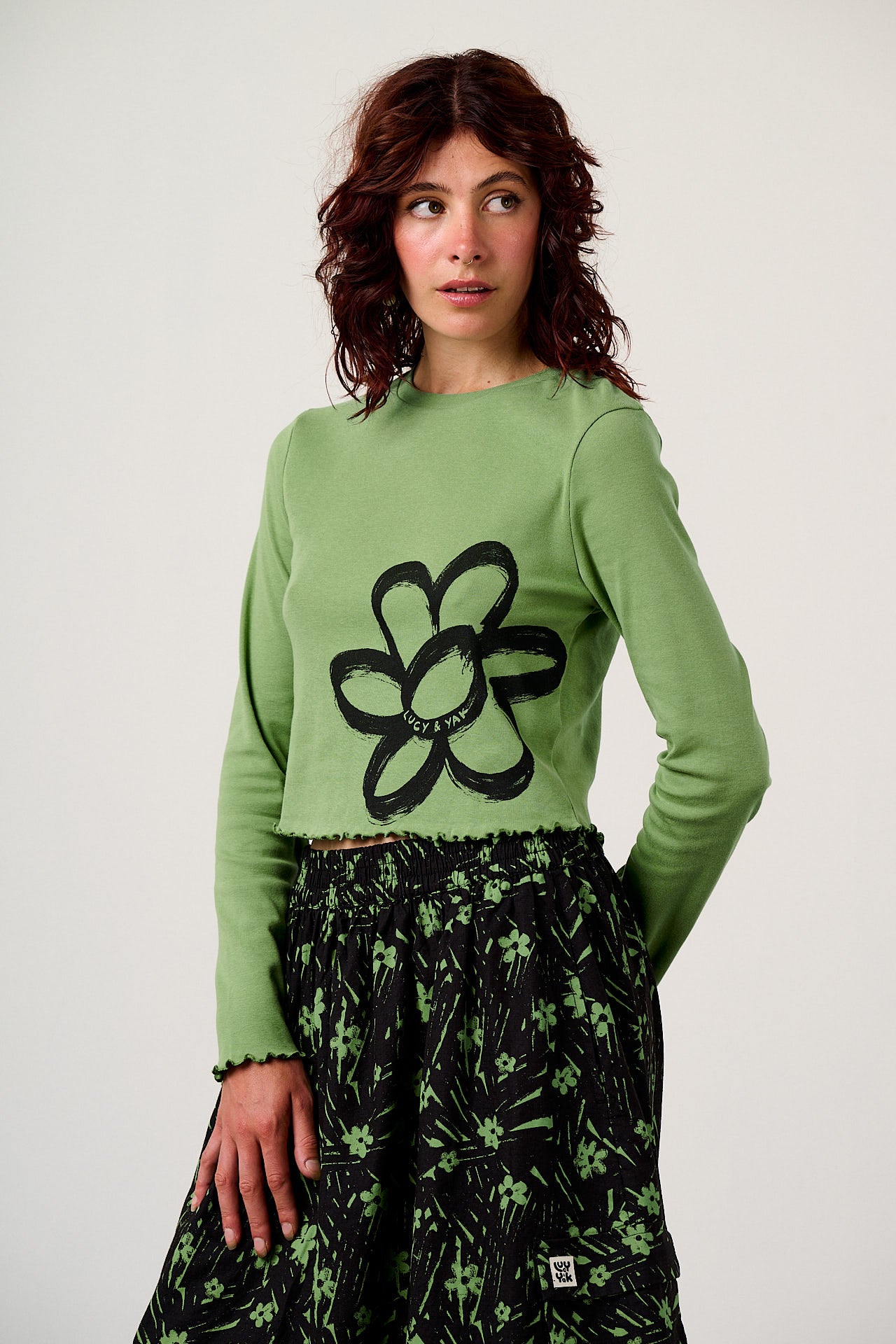 Hansel - Long Sleeve Cotton Crop Top in Green Scribble Floral