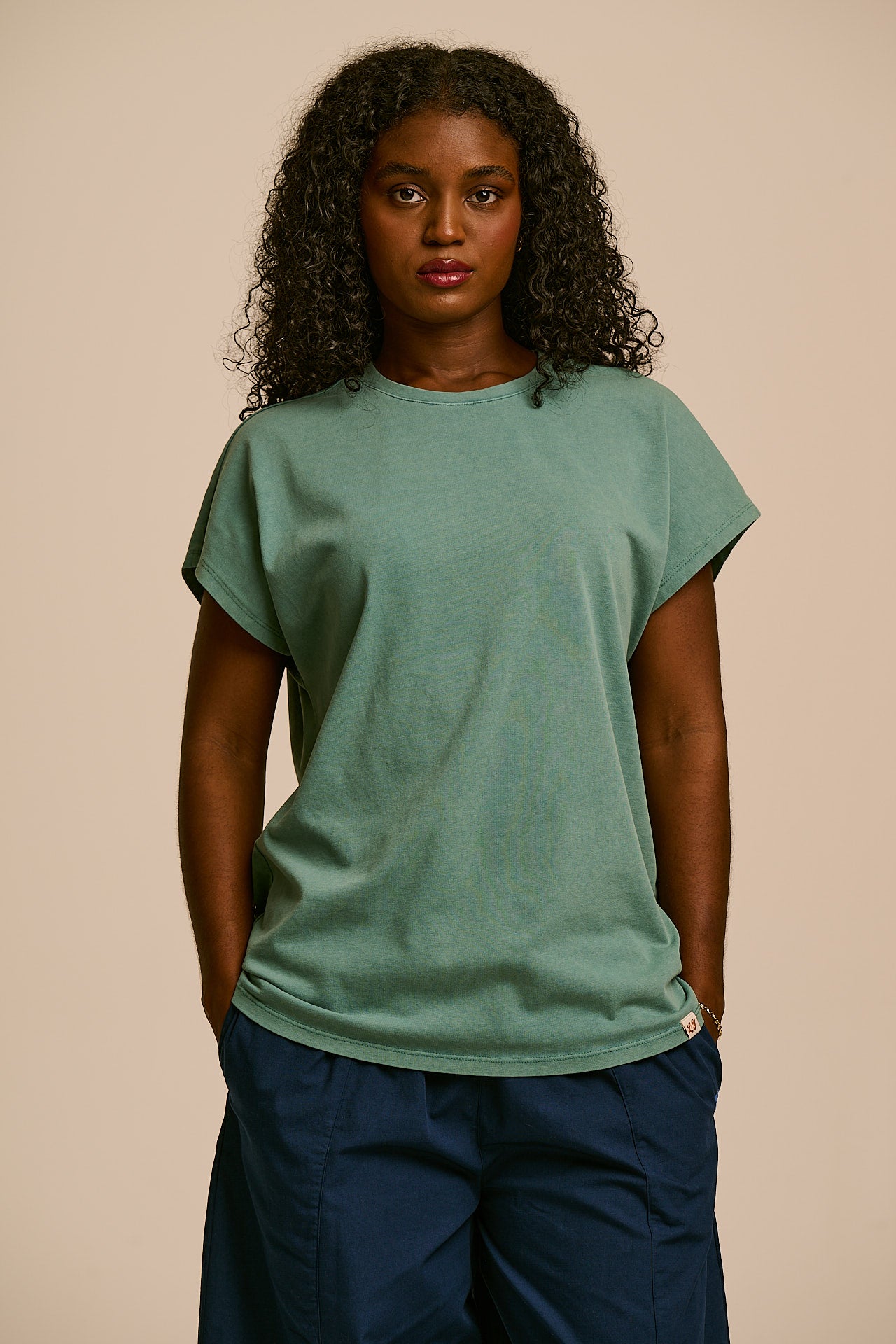 Inessa - Cotton Cap Sleeve T-Shirt in Washed Green