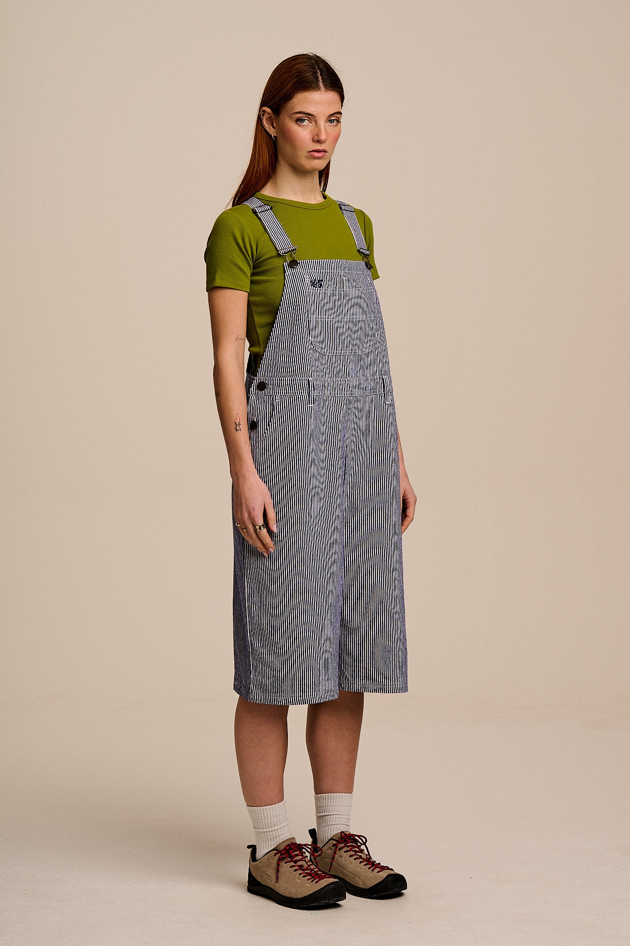 Jara - Cotton Dungarees Shorts in Navy Pinstripe