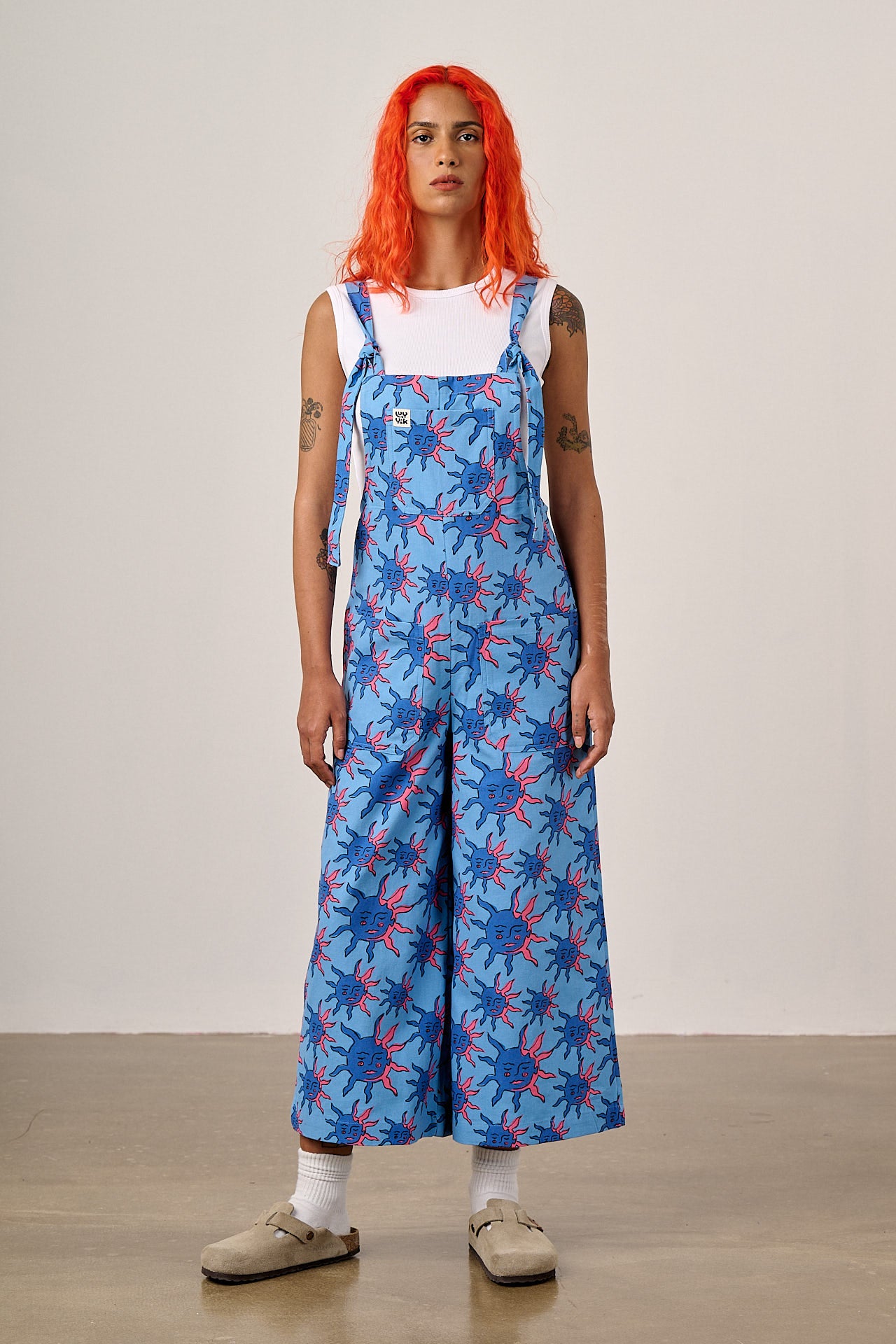 Jenny - Wide Leg Cotton Dungarees in Blue Celestial Sun Print