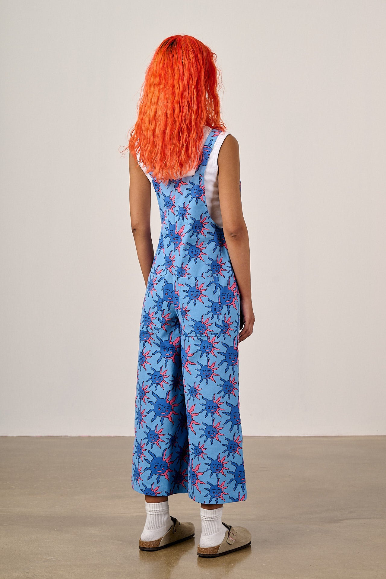 Jenny - Wide Leg Cotton Dungarees in Blue Celestial Sun Print