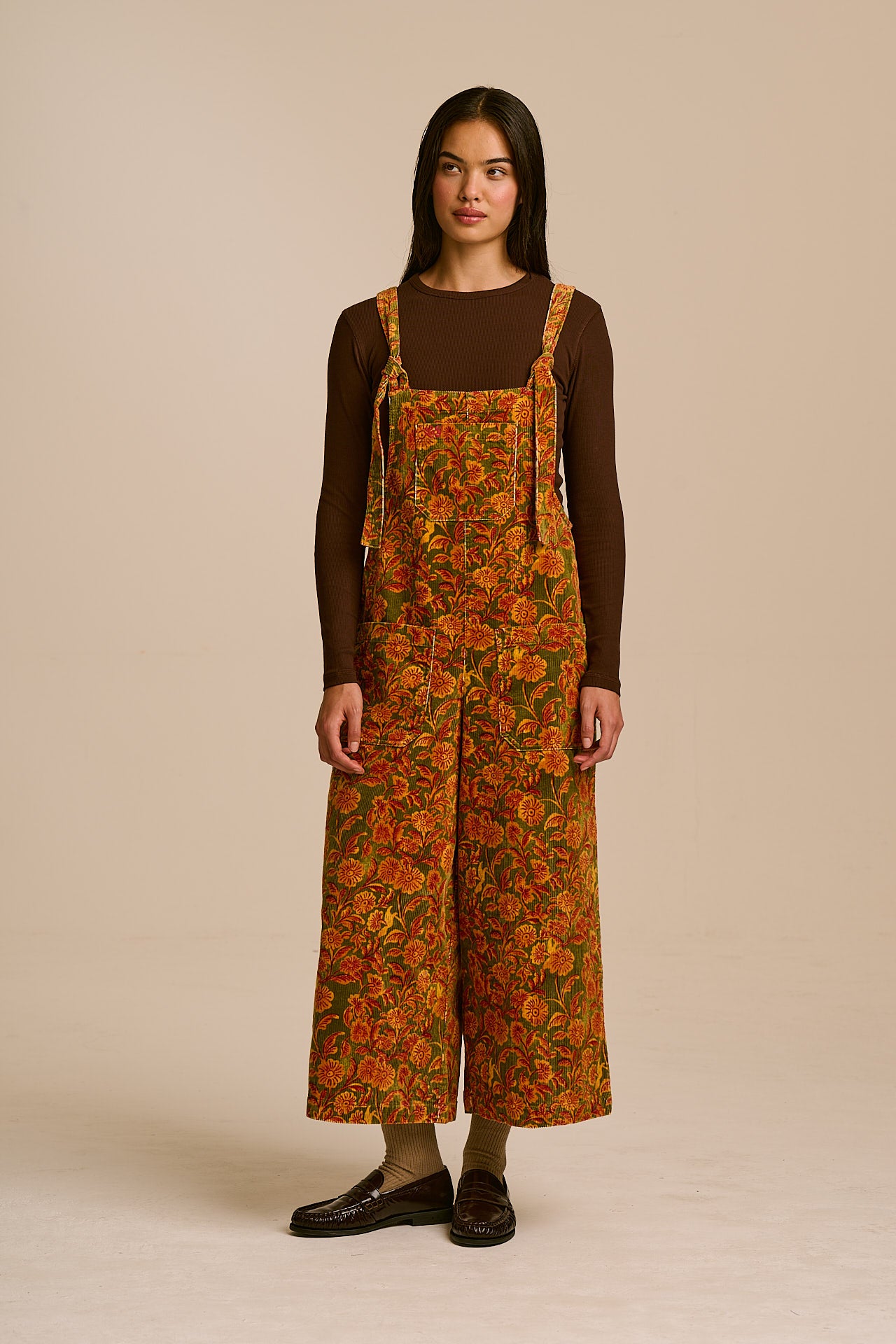Jenny - Wide Leg Corduroy Dungaree in Green Palace Floral