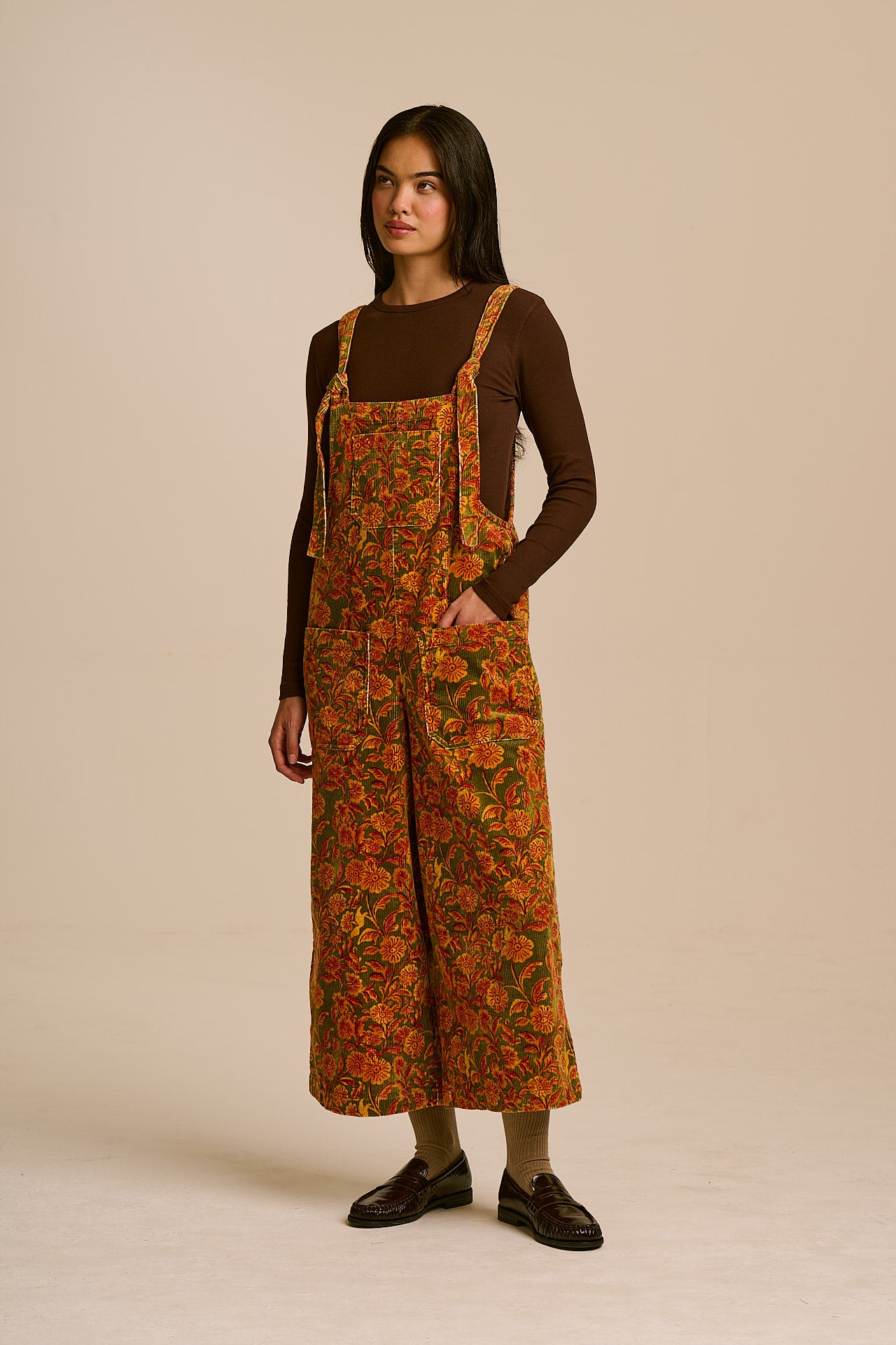 Jenny - Wide Leg Corduroy Dungaree in Green Palace Floral