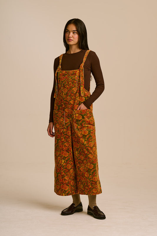 Jenny - Wide Leg Corduroy Dungaree in Green Palace Floral
