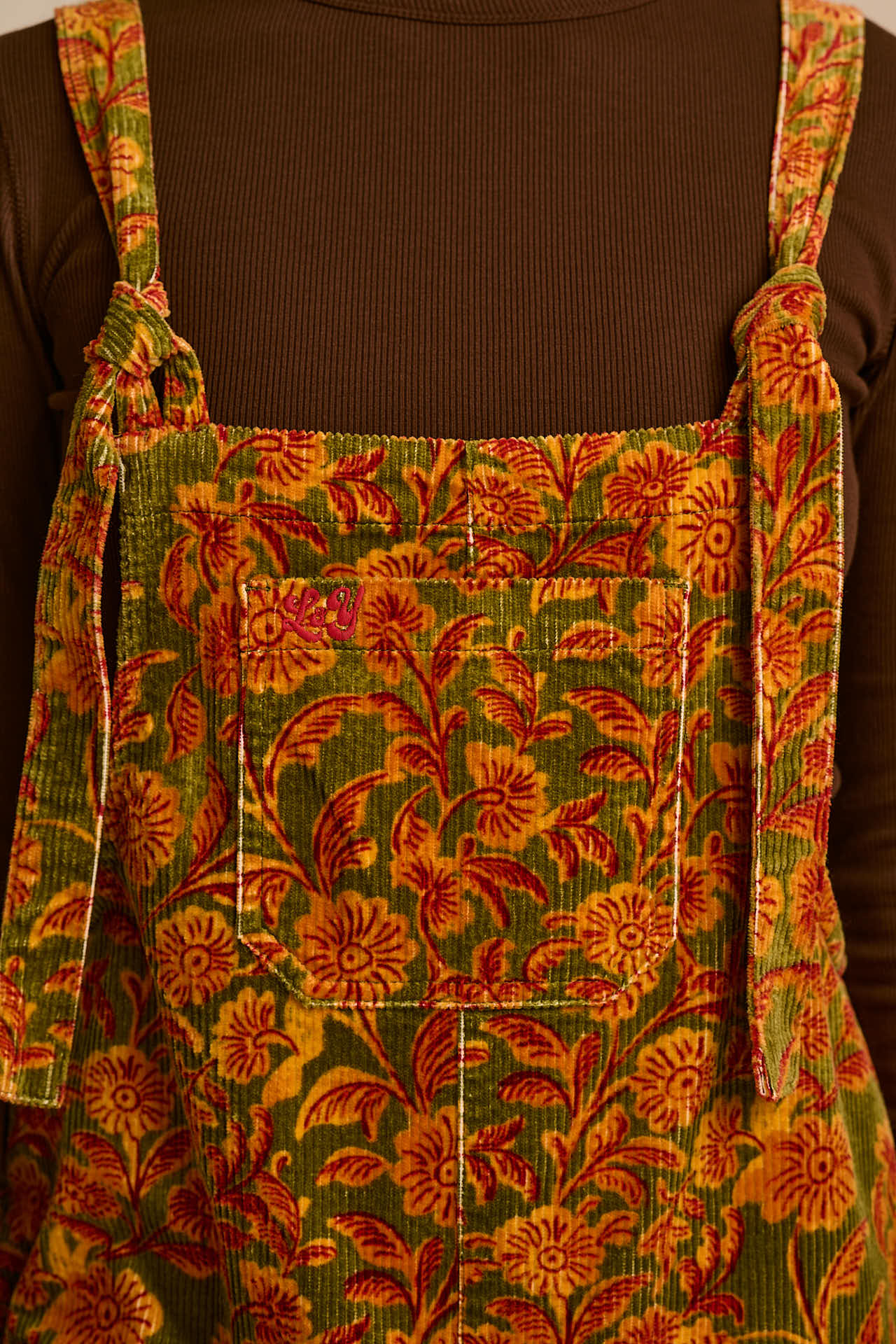 Jenny - Wide Leg Corduroy Dungaree in Green Palace Floral