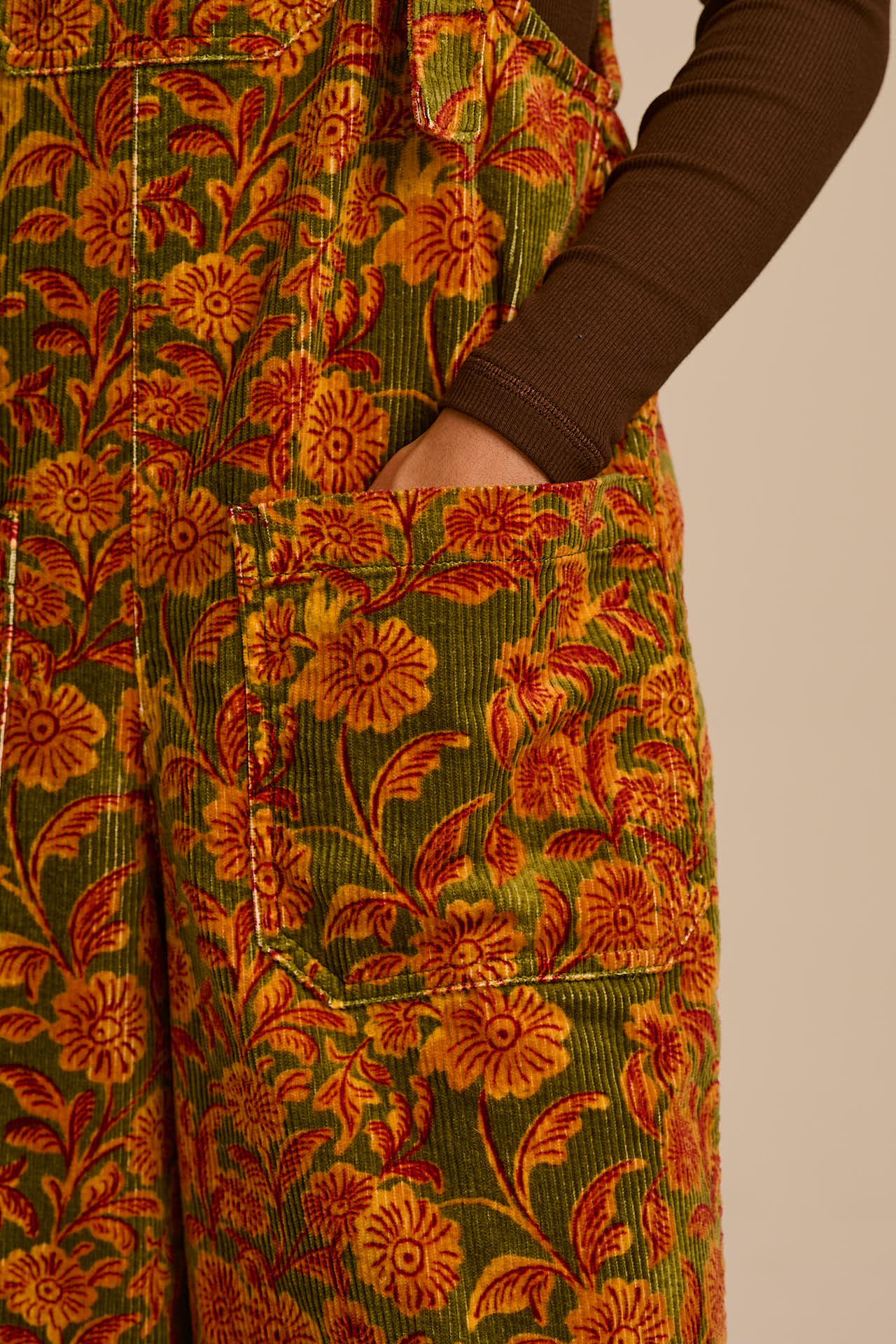 Jenny - Wide Leg Corduroy Dungaree in Green Palace Floral