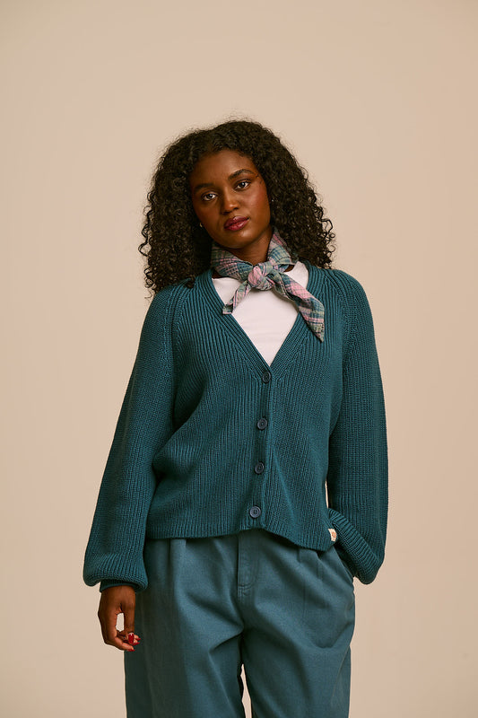 Juniper - Cotton Knit Cardigan in Teal