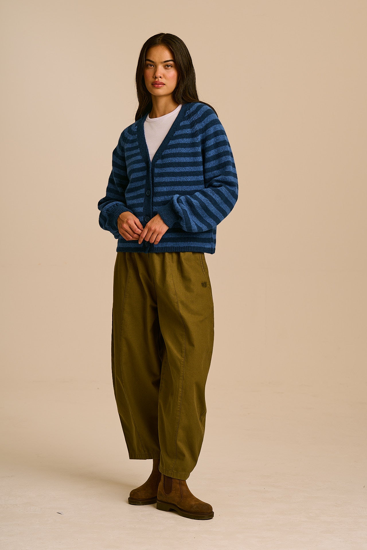 Juniper - RWS Wool Knitted Cardigan in Blue Stripe