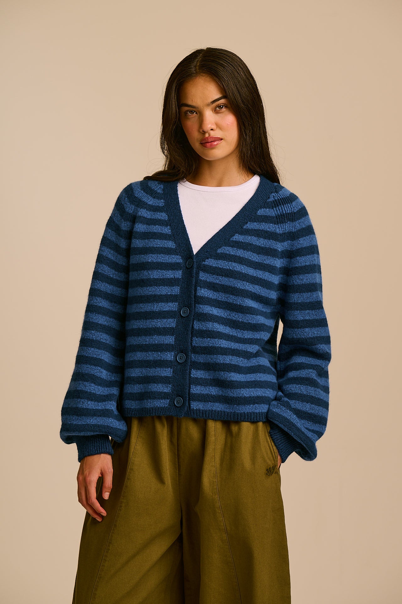Juniper - RWS Wool Knitted Cardigan in Blue Stripe