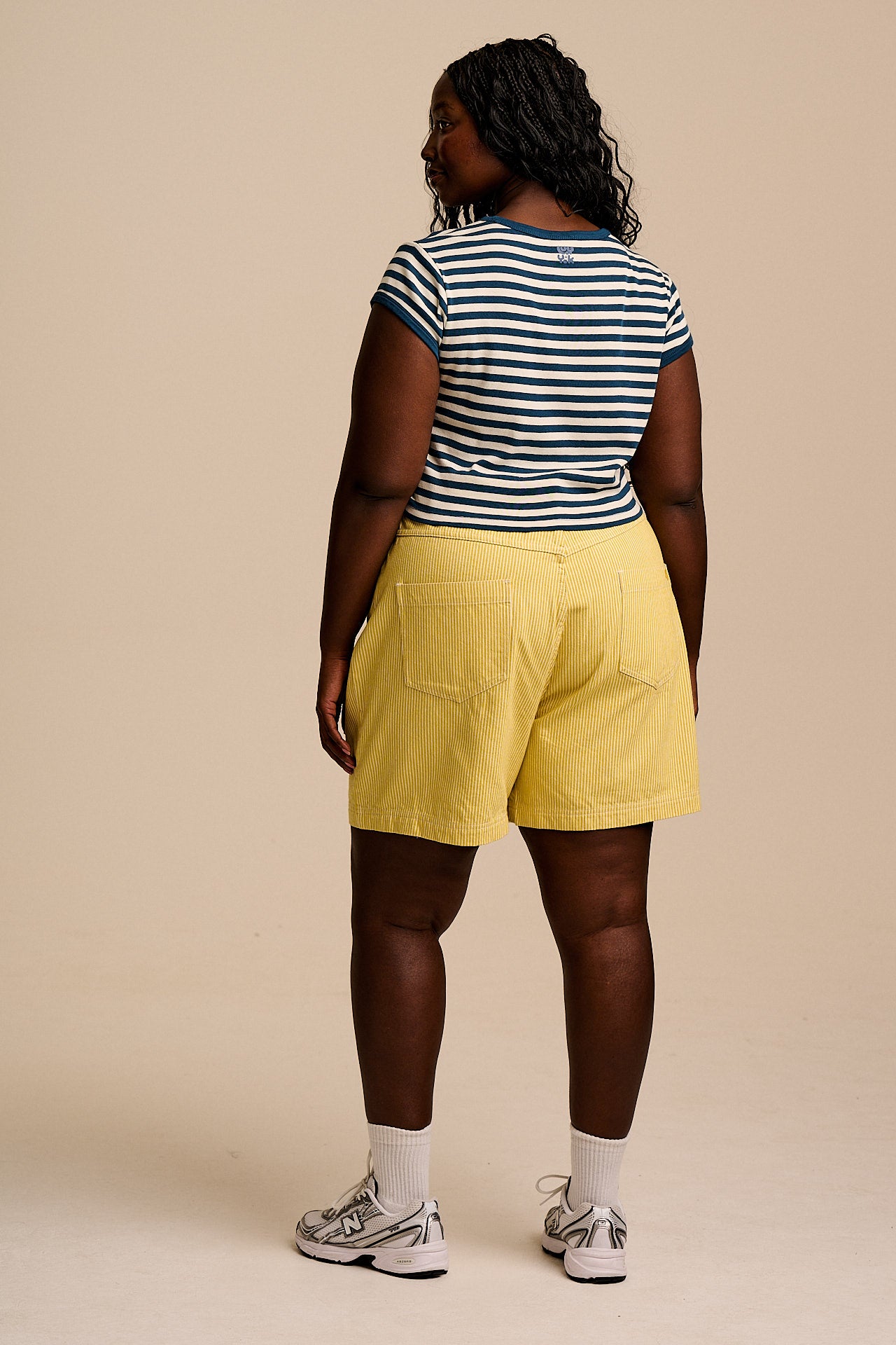 Lexi -  High Waist Cotton Shorts in Lemon Hickory Stripe