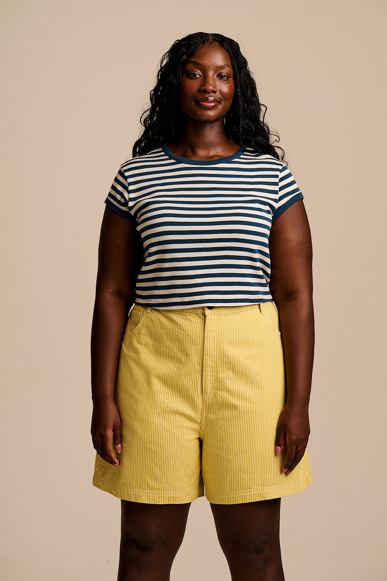 Lexi -  High Waist Cotton Shorts in Lemon Hickory Stripe