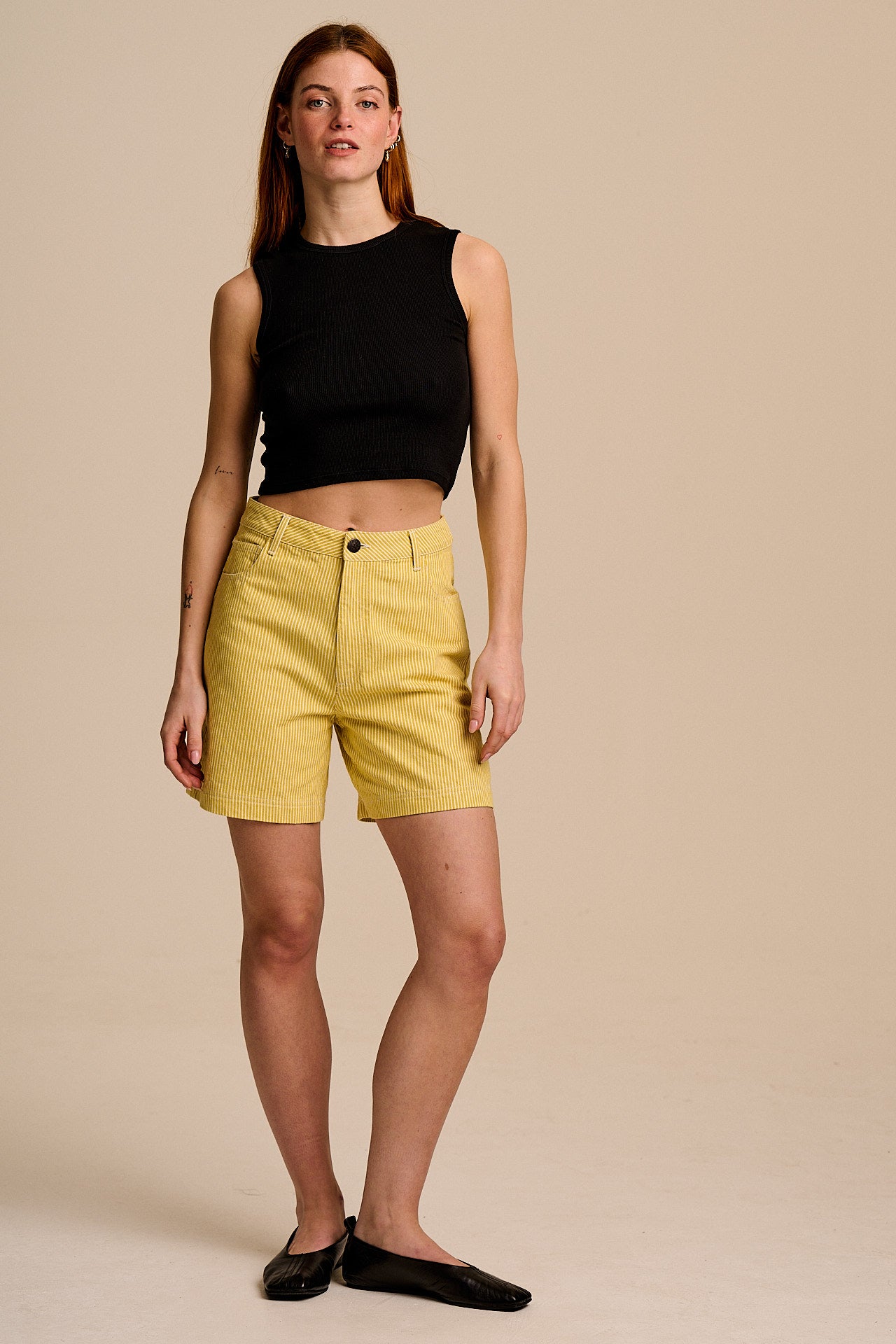 Lexi -  High Waist Cotton Shorts in Lemon Hickory Stripe