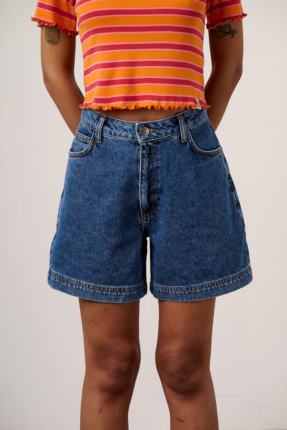 Lexi - Denim High Waist Shorts in Mid Wash Blue