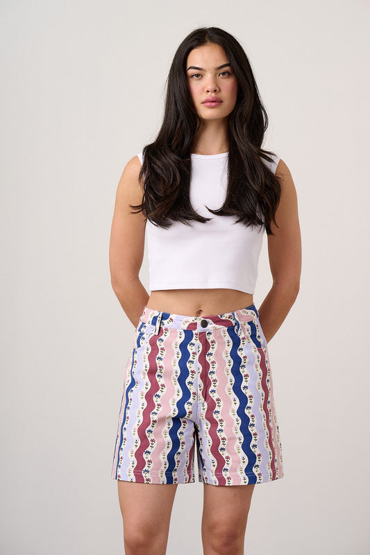 Lexi - High Waist Cotton Shorts in Wavy Floral Stripe