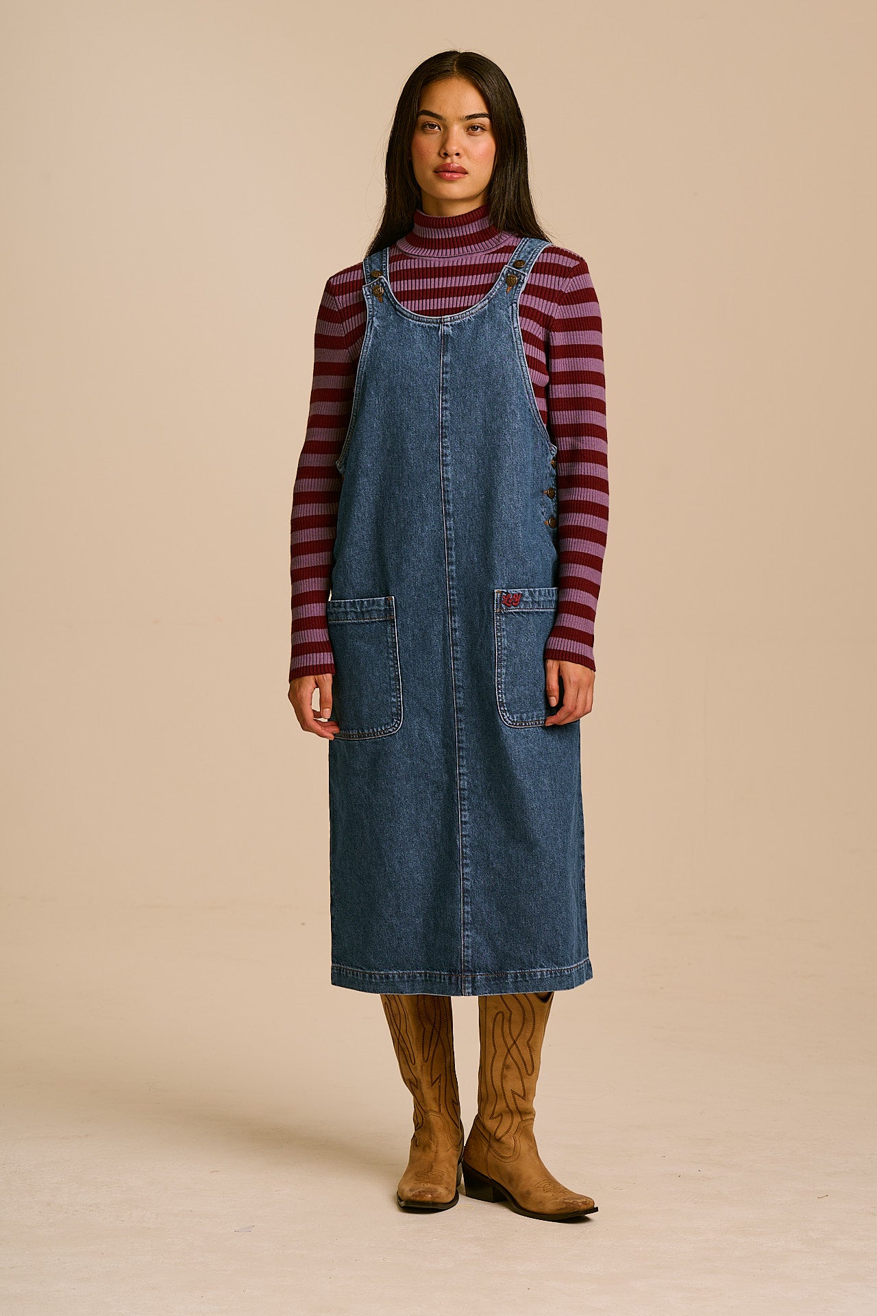 Lily - Denim Midi Dress in Mid Wash