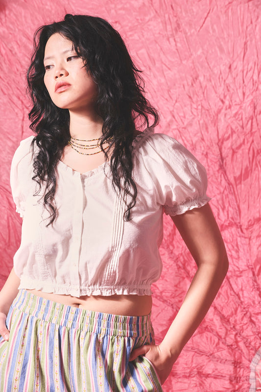 Sage - Cotton Puff Sleeve Blouse in White