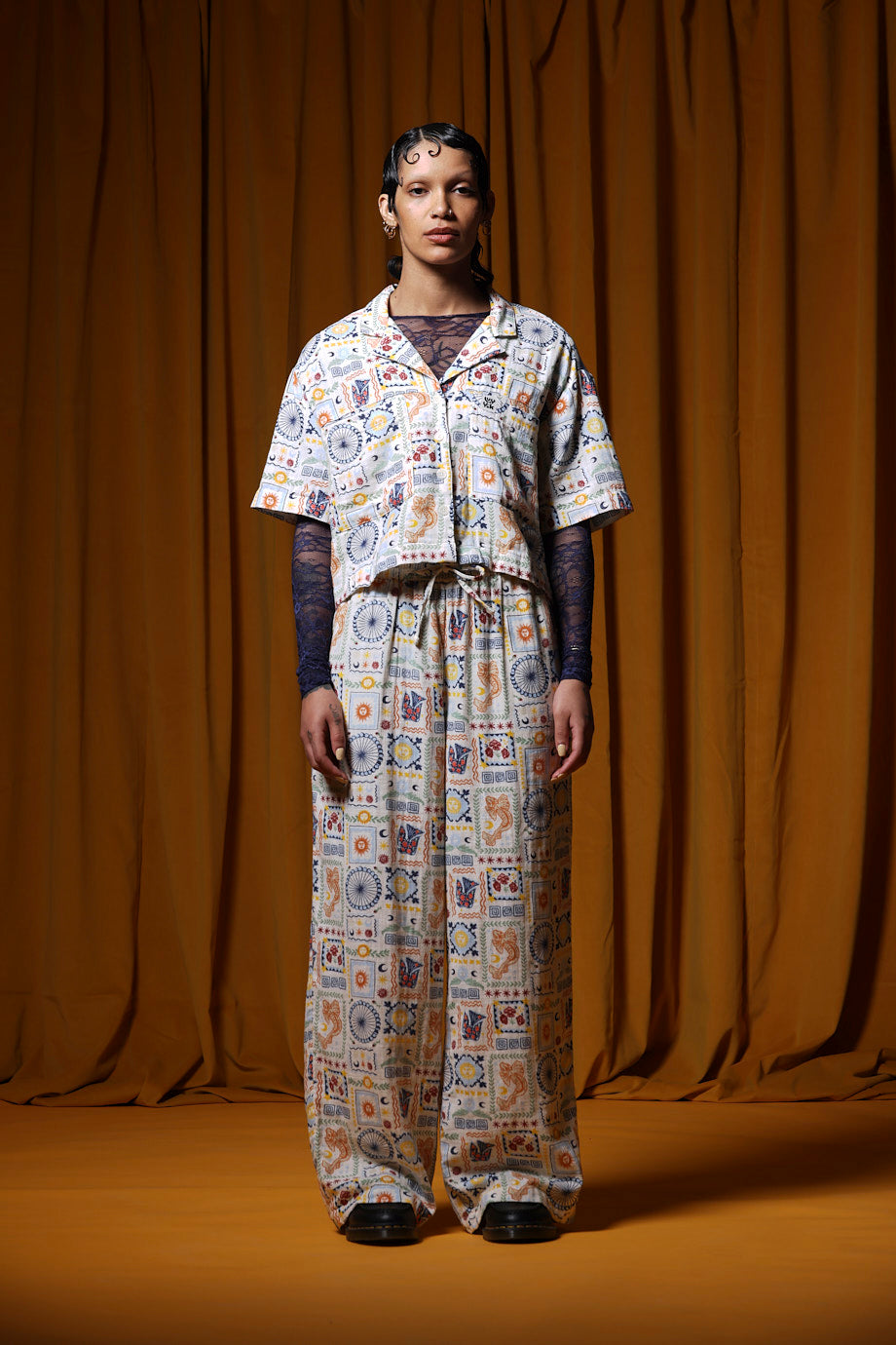 Norris - Cotton Trousers in Ecru Cosmic Folk Tile