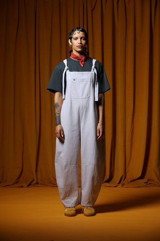 Chula - Cotton Barrel Leg Dungarees in Lilac Hickory Stripe