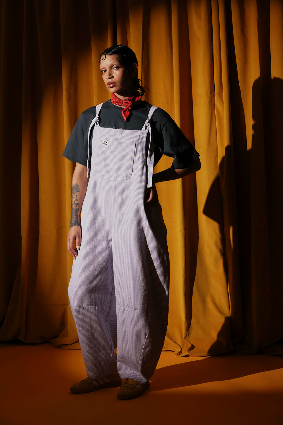 Chula - Cotton Barrel Leg Dungarees in Lilac Hickory Stripe