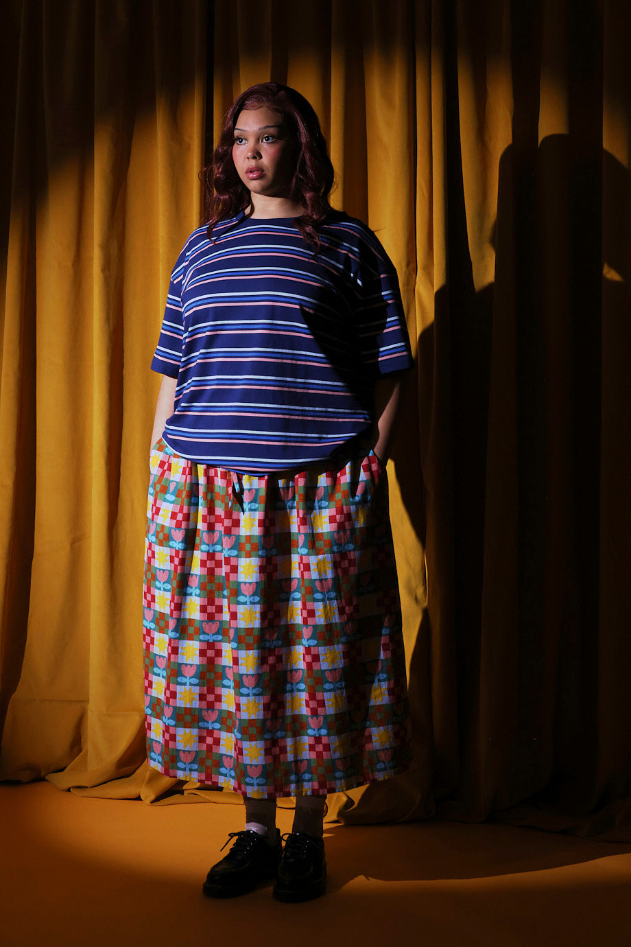 Clara - Cotton & Linen Midi Skirt in Cosmic Folk Tulip Print
