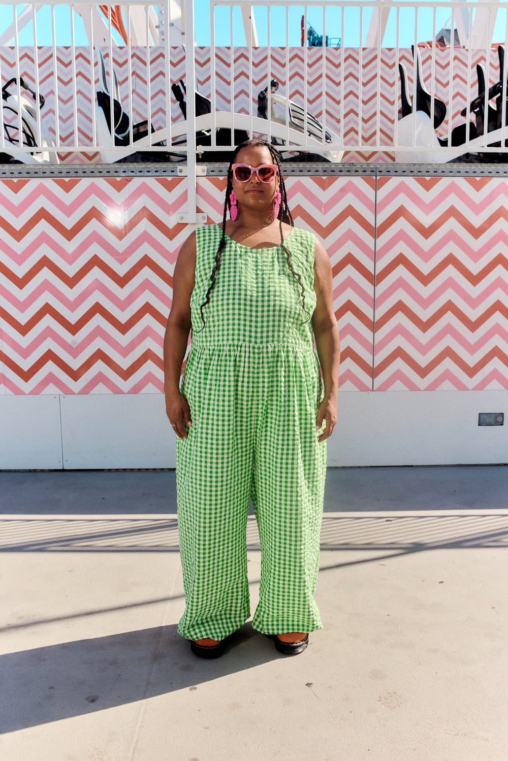 Bellamy - Wide Leg Cotton Jumpsuit in Green Gingham