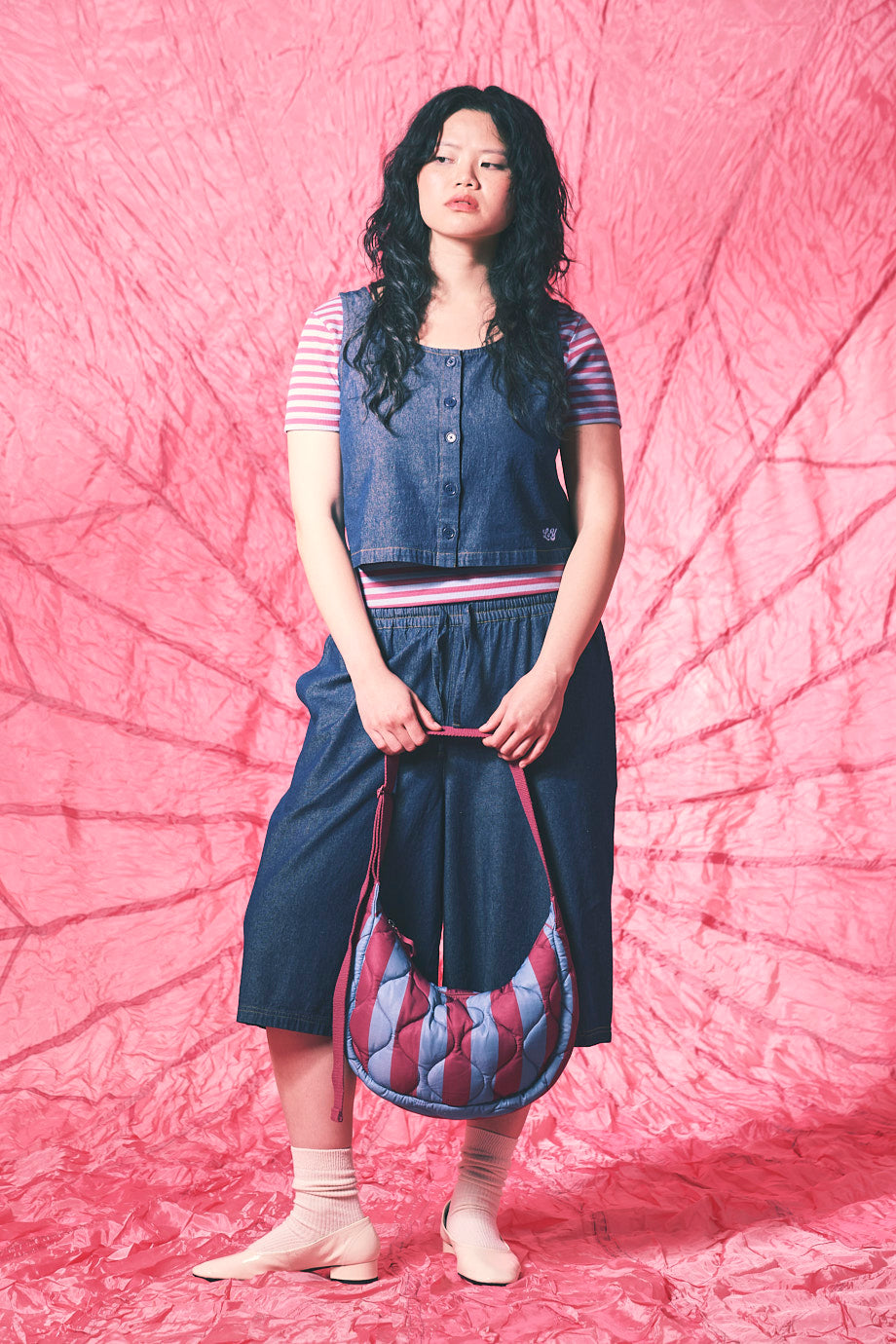 Bryony - Crossbody Bag in Burgundy & Blue Stripe