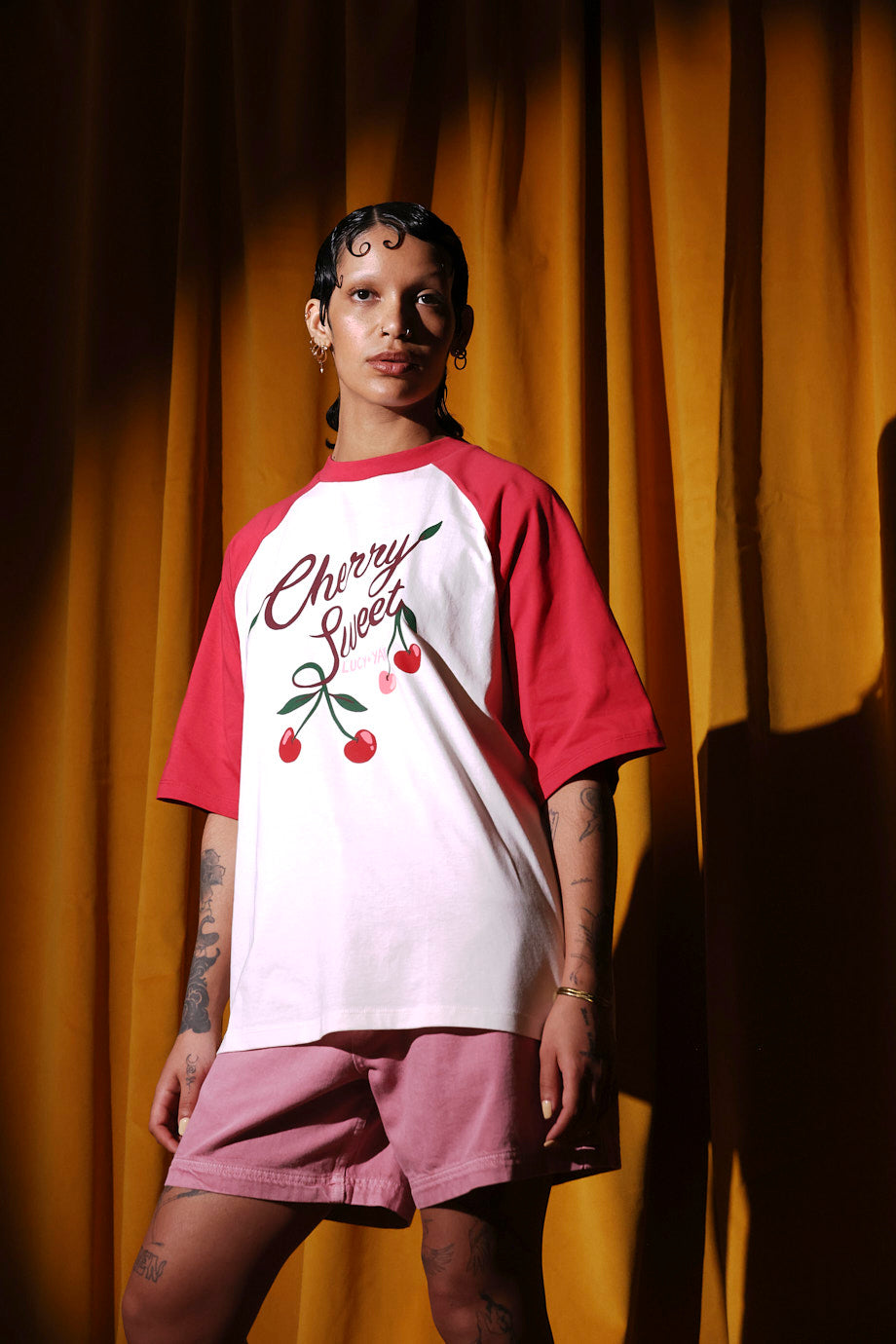 Bradley - Oversized Cotton Raglan T-Shirt in Cherry Sweet Print