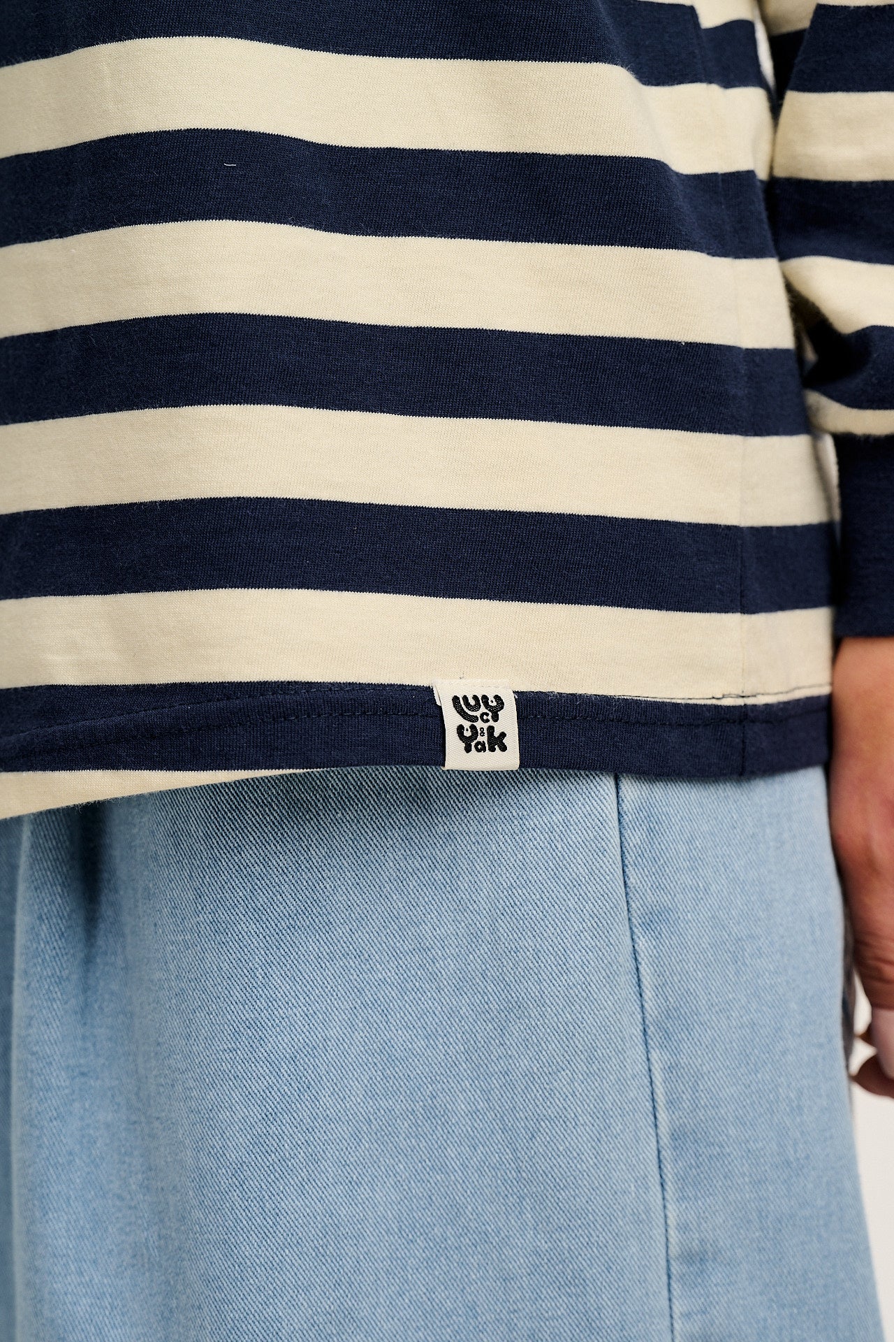 Kenny - Long Sleeve Skater Cotton T-Shirt in Navy & Ecru Stripe