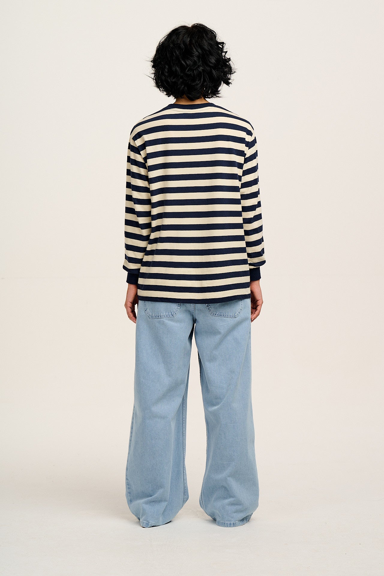 Kenny - Long Sleeve Skater Cotton T-Shirt in Navy & Ecru Stripe