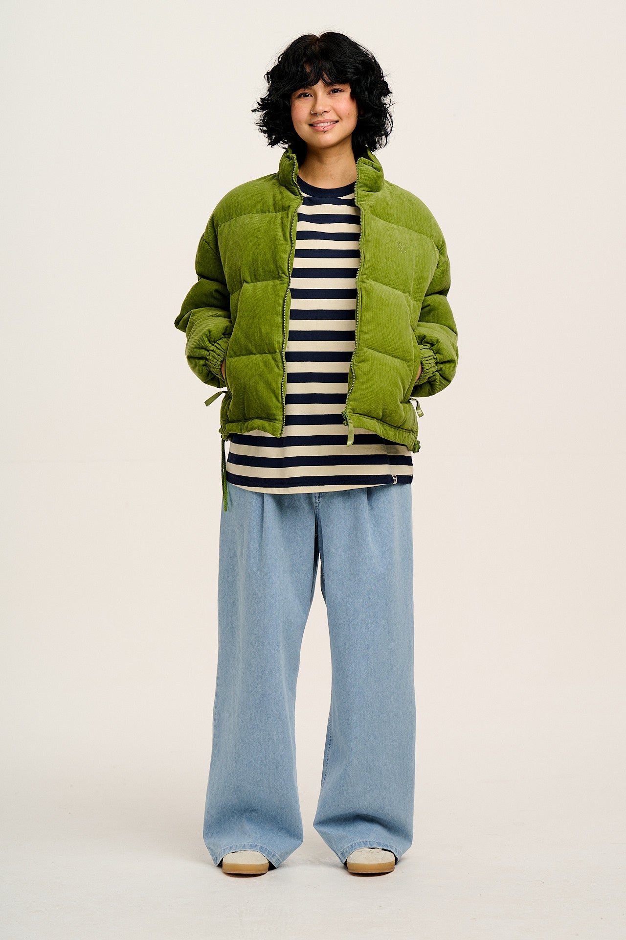 Kenny - Long Sleeve Skater Cotton T-Shirt in Navy & Ecru Stripe