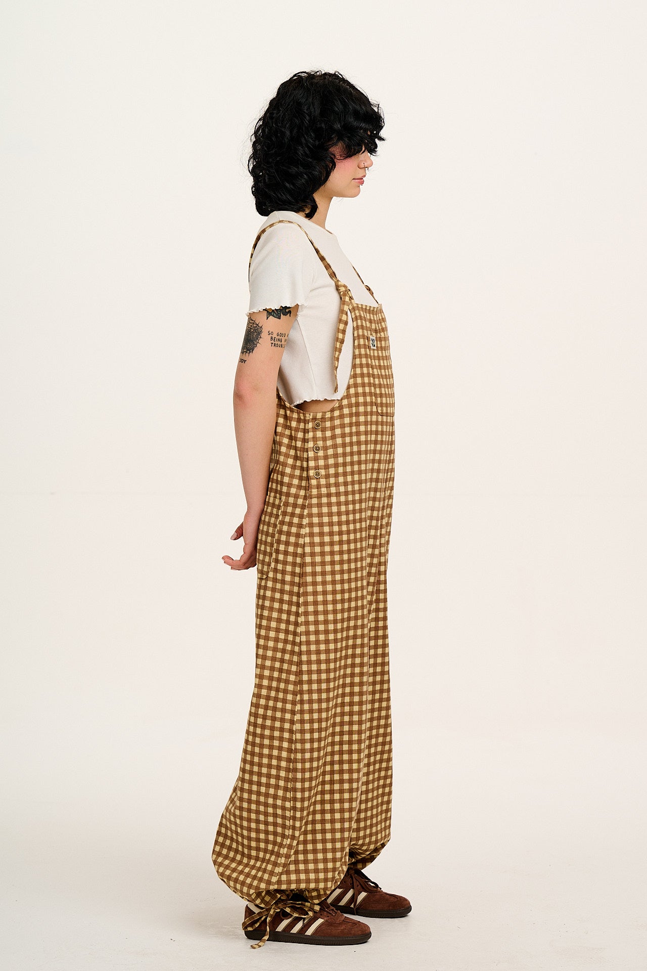 Ali - Wide Leg Cotton Dungarees Brown Birch Gingham Print